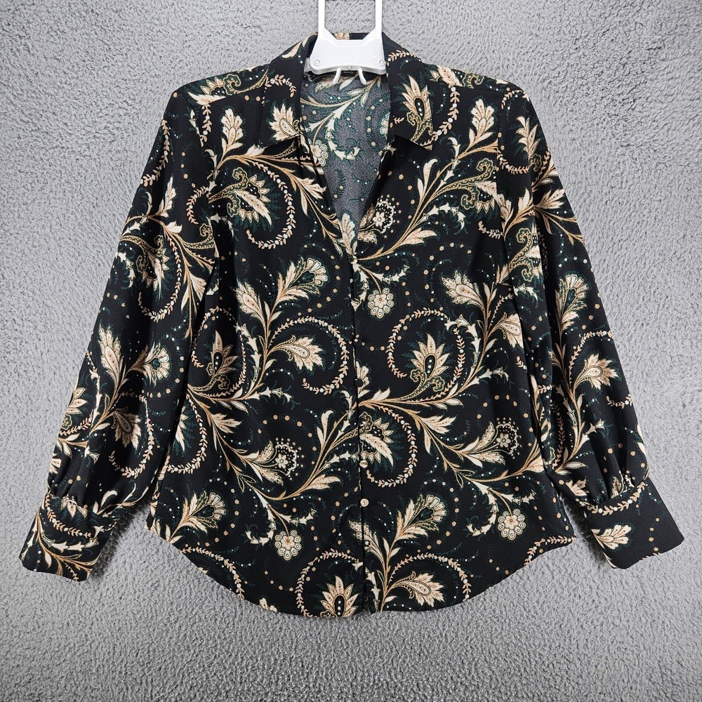 Ann Taylor Womens Medium Blouse Black Paisley Long Sleeve Button Down Top